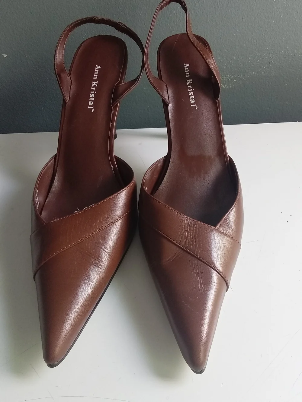 Ann Kristal Finesse Brown Leather Pointed Toe Slingback Stiletto Heels 11M